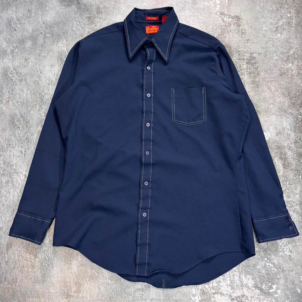 Vintage 70s Sears Kings Road Button Up Shirt. Blue & White